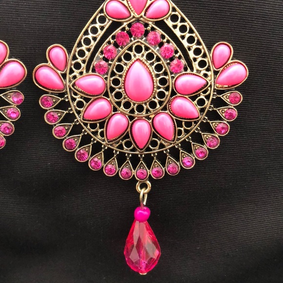 Pink & Gold Jeweled Chandelier Earrings - Picture 4 of 8